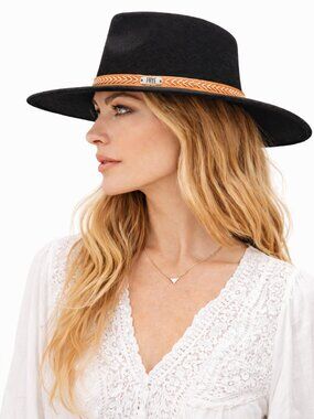 NWT Frye Topstitch Band Western Hat Black Wide Brim Cowboy Teardrop OSFM